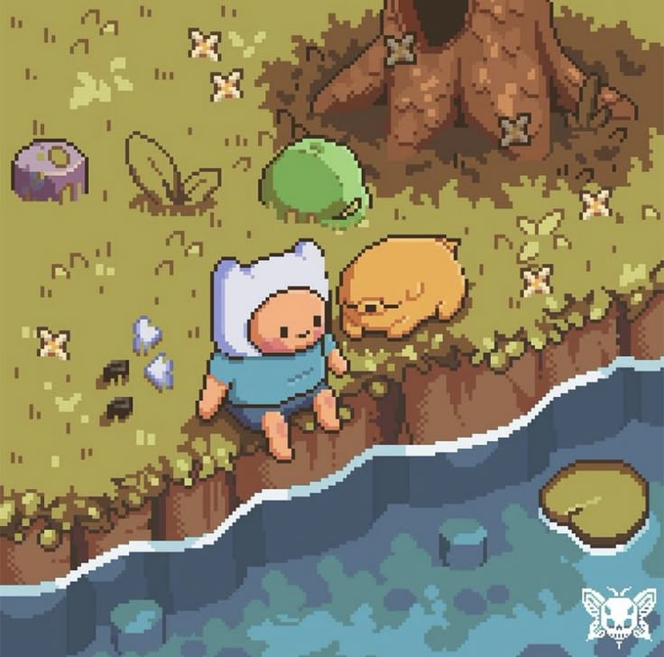 Pixel art of Finn and Jake sitting by a river under a tree