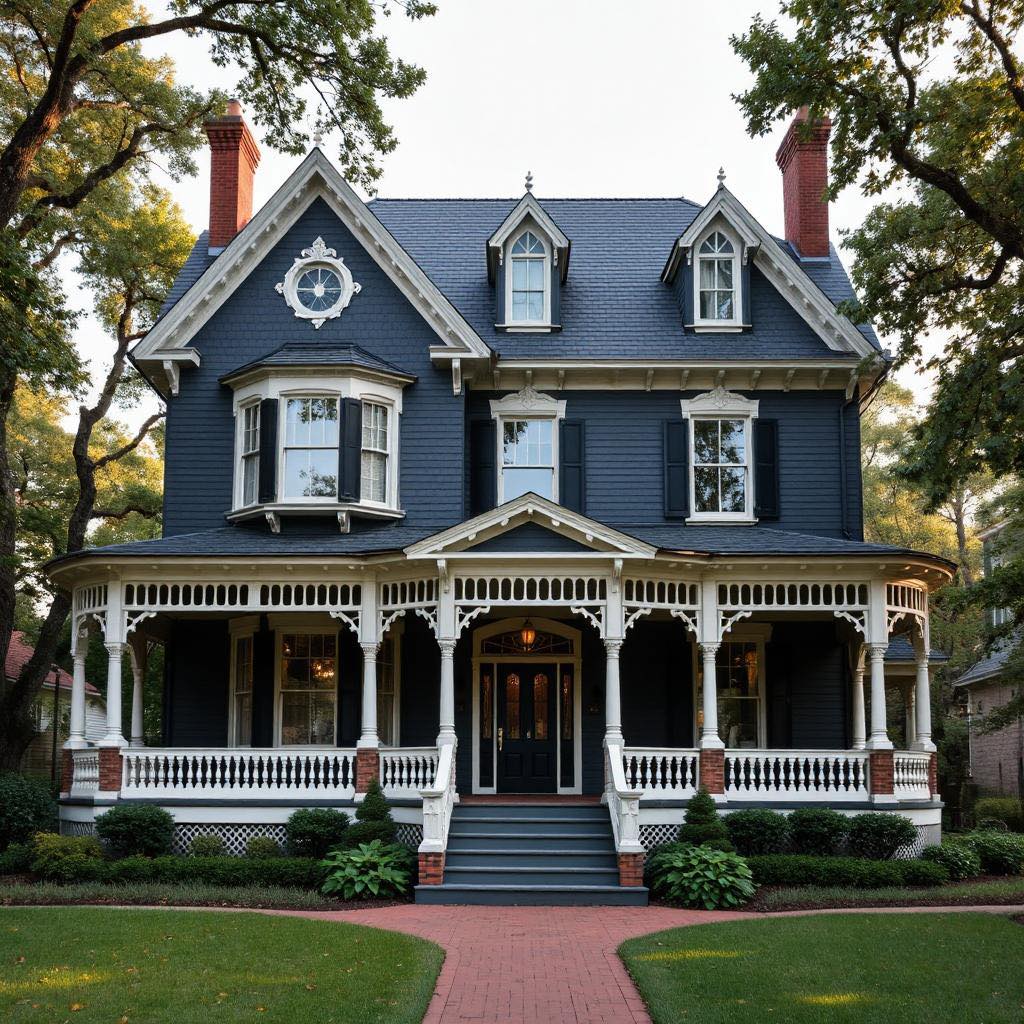 Navy blue Victorian house with white trim, wrap-around porch, dormer windows, and brick walkway through green lawn