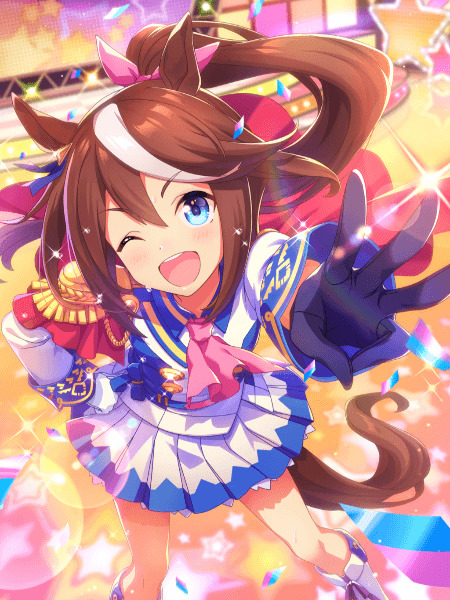 Tokai Teio anime character in blue idol costume with brown twintails and horse ears, winking and smiling