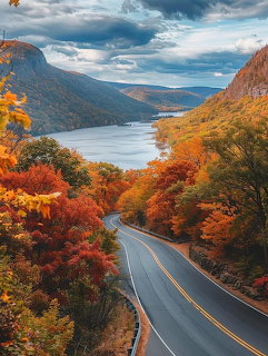 Scenic highway winding through colorful fall forest with mountain lake and dramatic clouds
