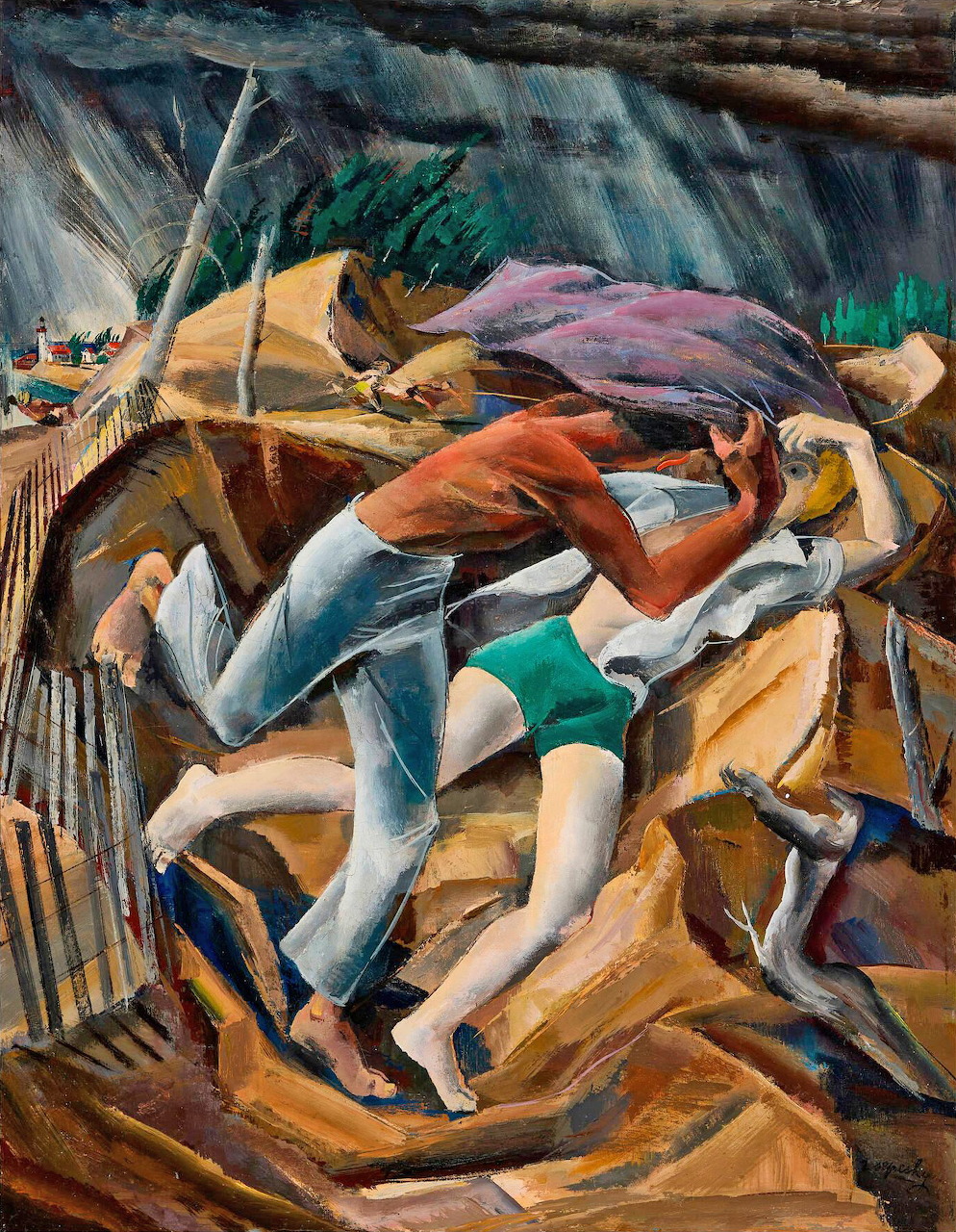 Abstract cubist painting showing angular fragmented human figures in brown, blue and green tones
