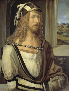 Renaissance painting of a man with long curly hair in white shirt and brown cloak, window showing landscape