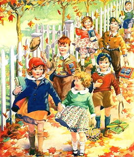 Vintage illustration of children heading to school on an autumn day with fall leaves and a white picket fence