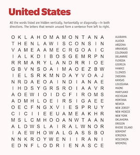 United States word search puzzle with a letter grid and a list of state names