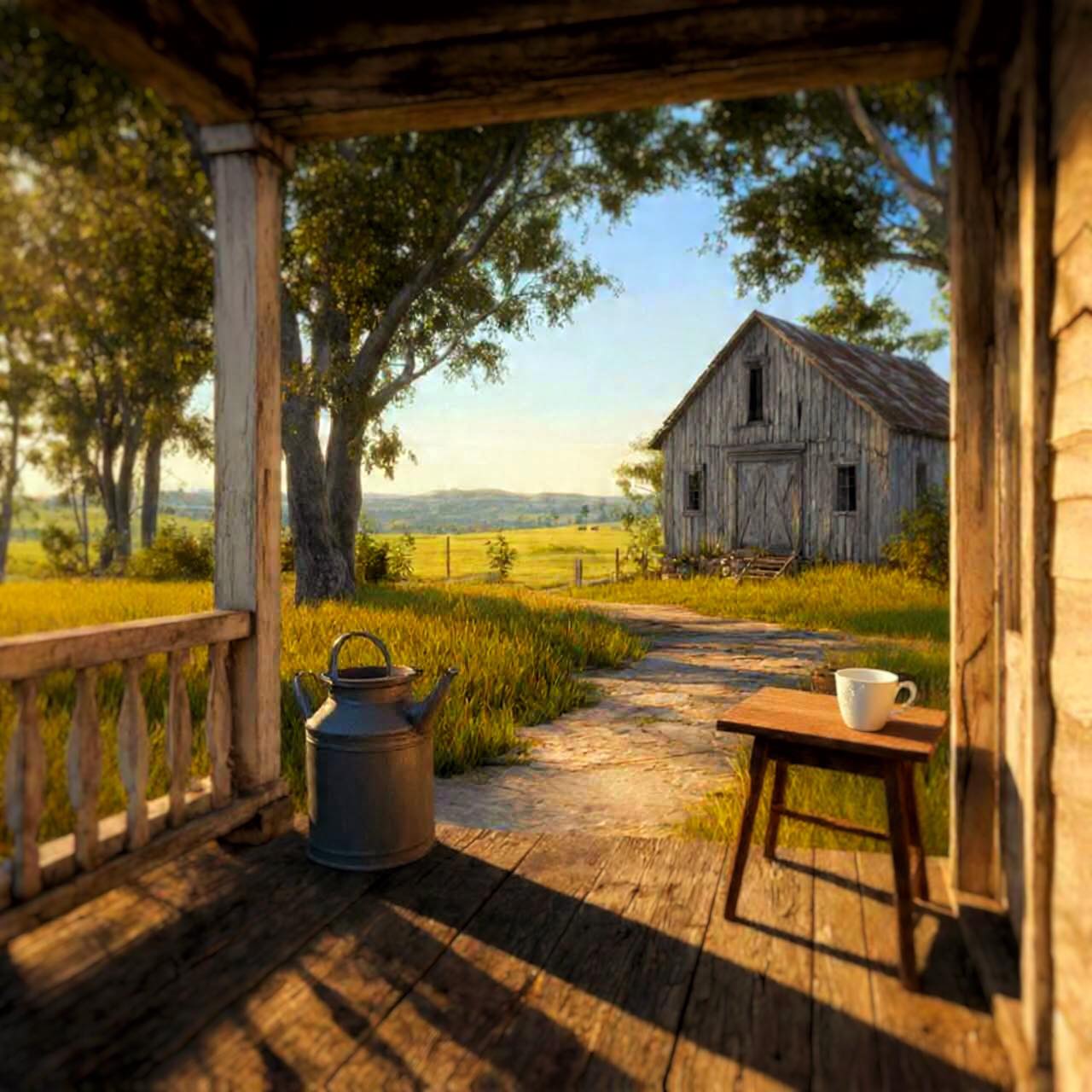 Sunlit porch overlooking a rustic barn, with a kettle, small table, and cup in a rural field