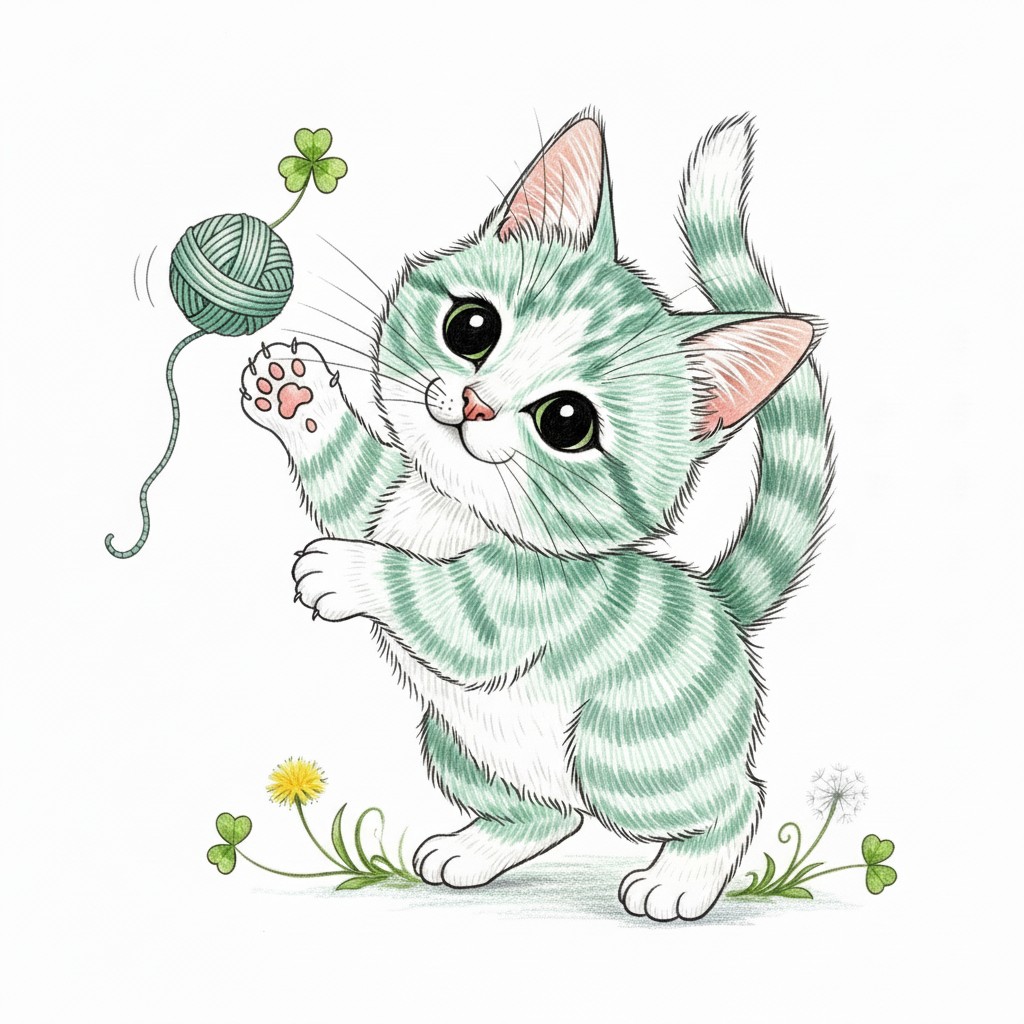 Illustrated green-striped kitten reaching for a ball of yarn with clovers and flowers nearby