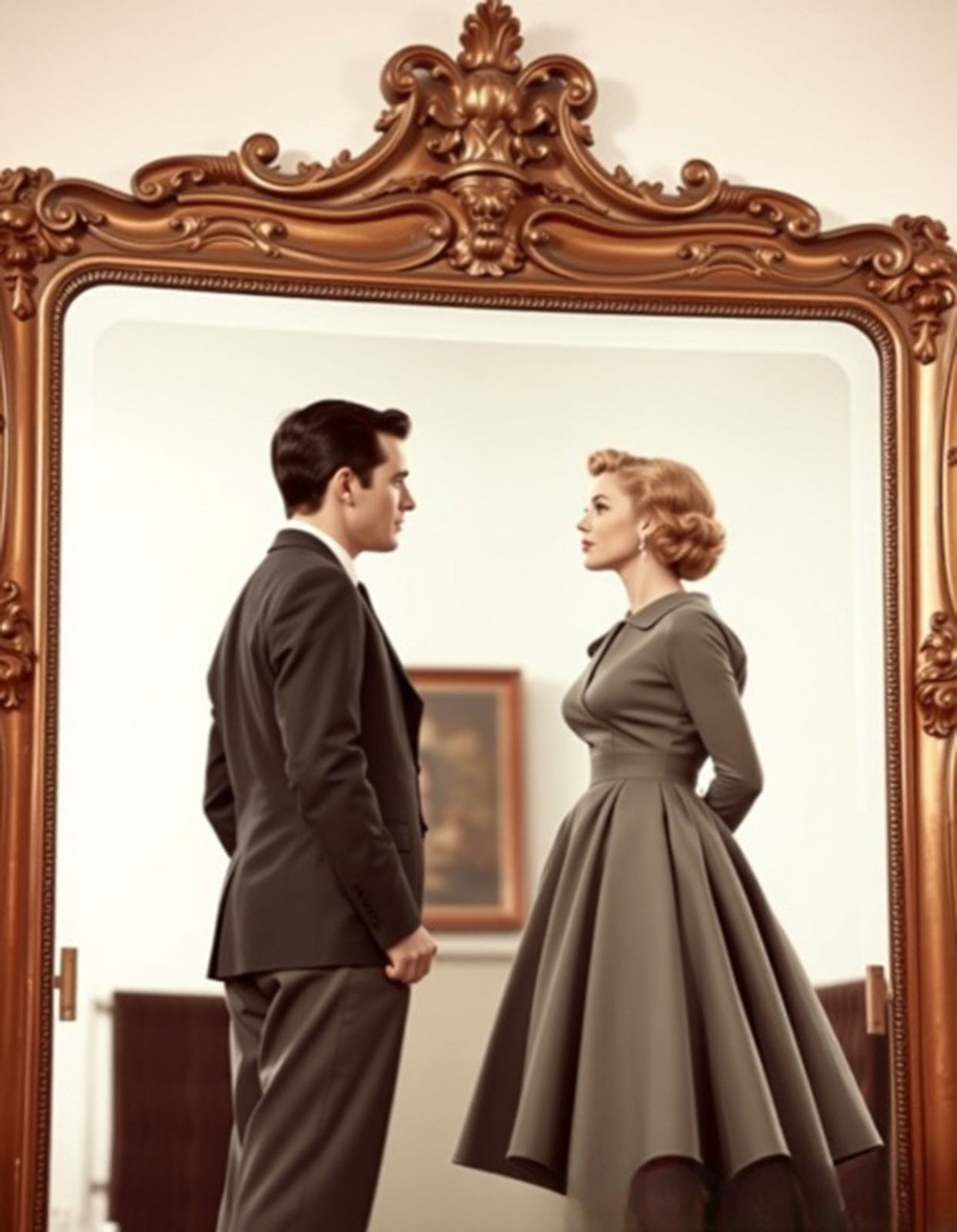 Vintage-style couple in 1950s fashion facing each other in front of an ornate gold mirror
