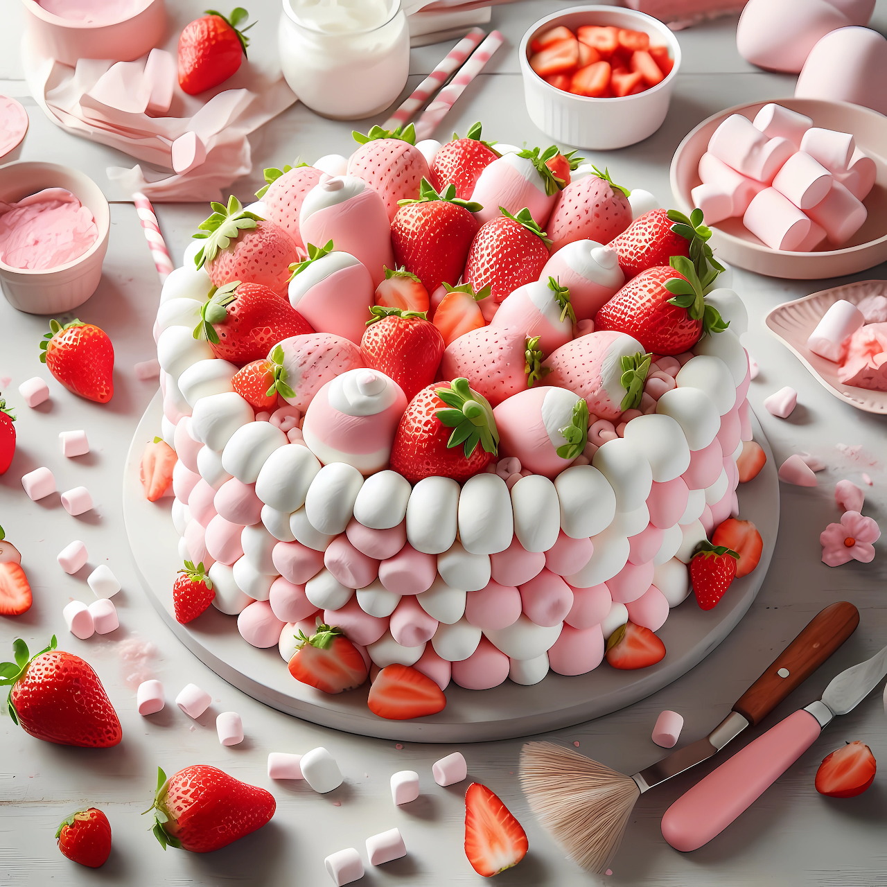 Cake decorated with strawberries and marshmallows on gray plate with pink desserts and ingredients around it