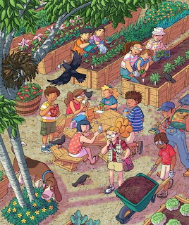 Illustration of children gardening together in raised beds with vegetables, tools, and trees
