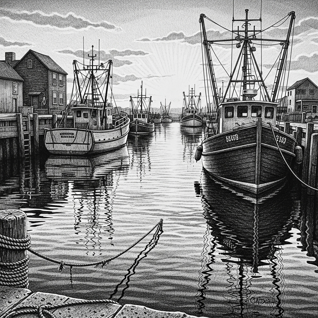 Black and white photo of fishing boats docked in harbor with water reflections