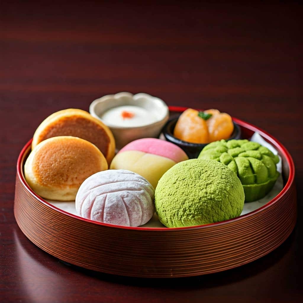 Assorted Japanese mochi and sweets in a round tray on a dark wooden surface