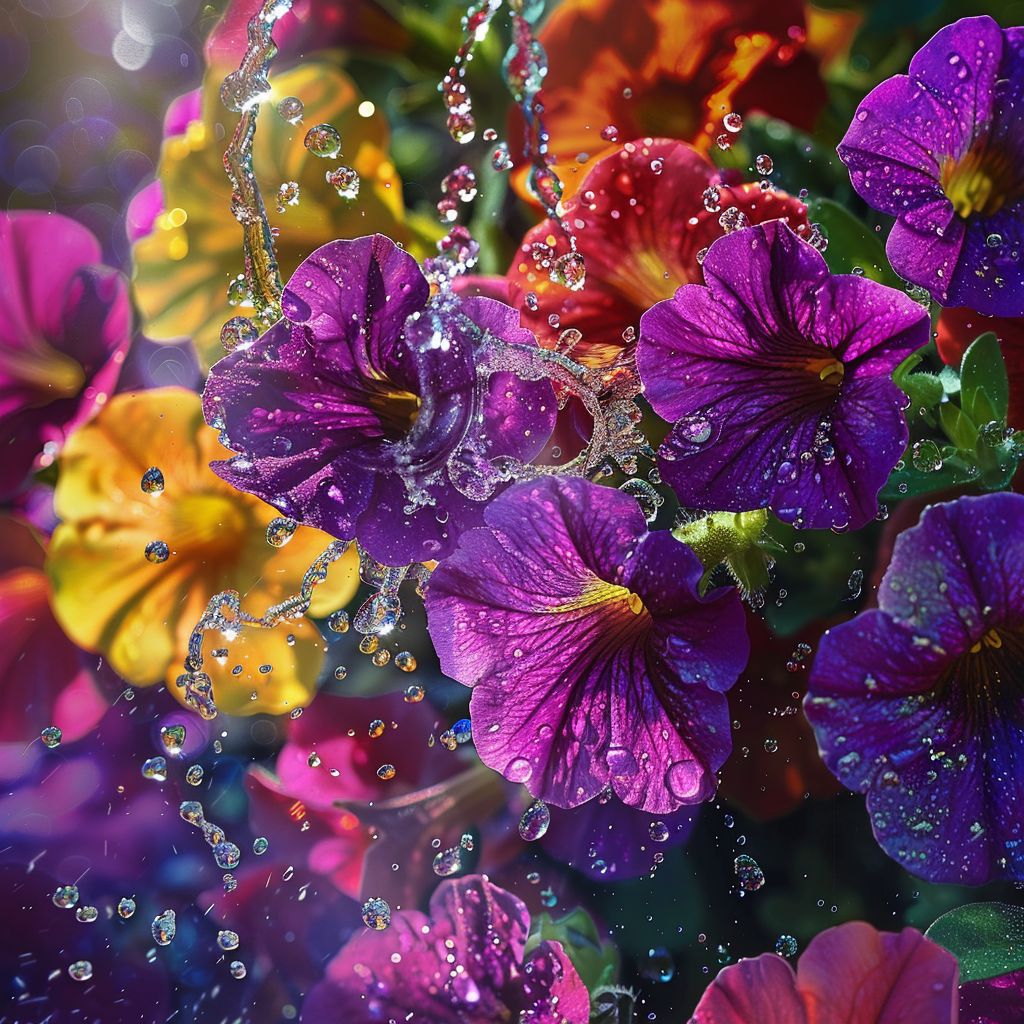 Purple and yellow petunias with water droplets sparkling in sunlight