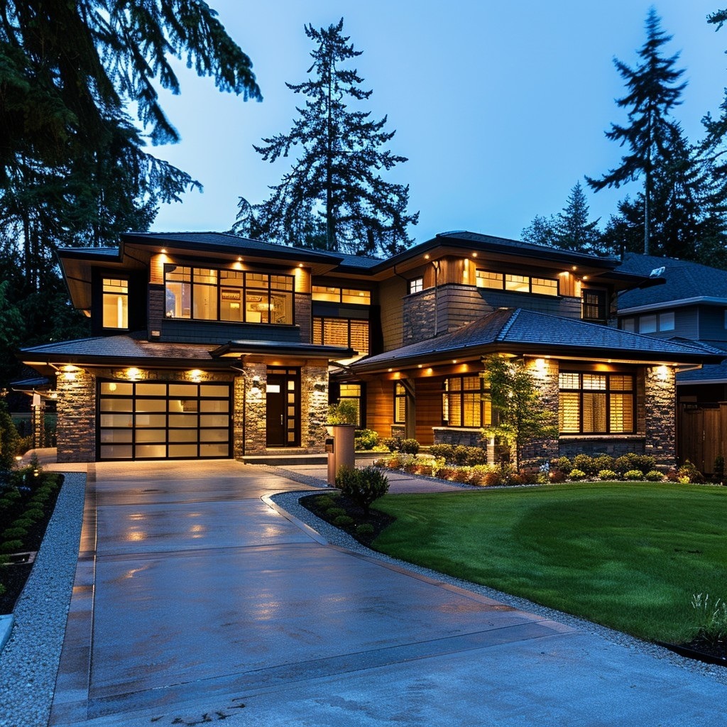 Modern two-story mansion with warm interior lighting, stone exterior, and landscaped yard at dusk