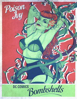 Retro pin-up illustration of Poison Ivy with vines and roses from DC Comics Bombshells