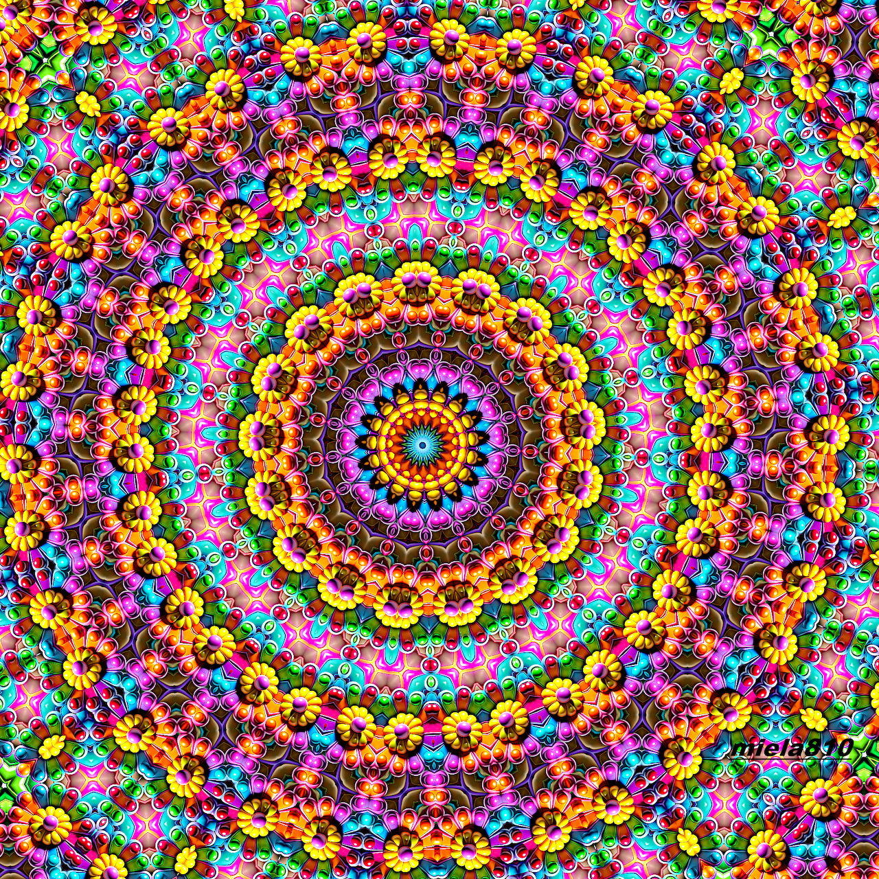 Vibrant circular mandala with symmetrical floral patterns in rainbow colors radiating from orange center