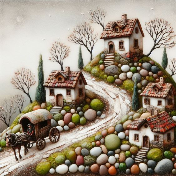 Illustrated village with cottages on a hill covered in colorful round stones, bare trees, and a wagon