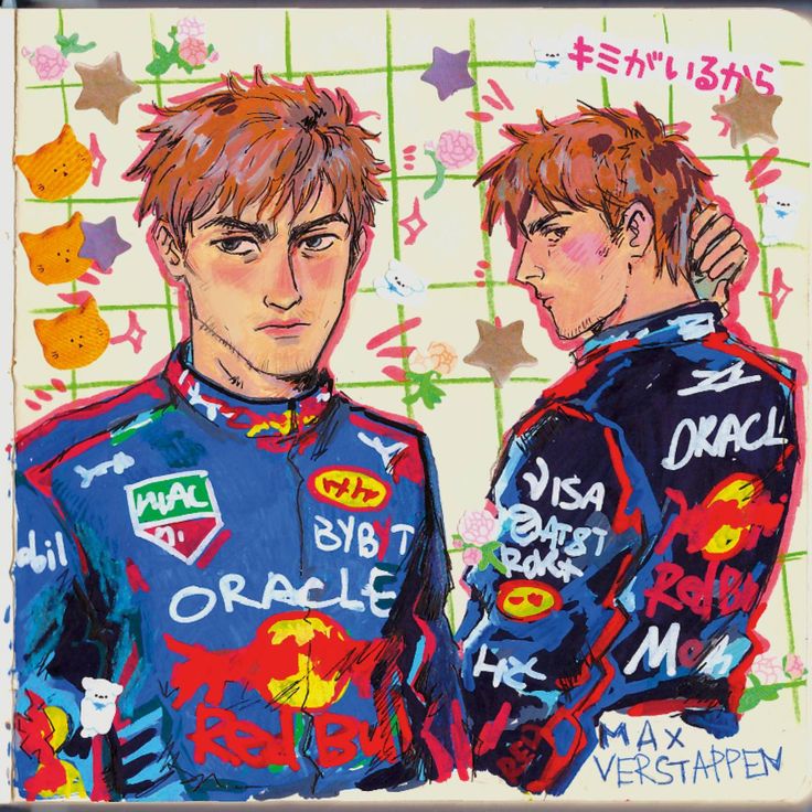 Illustration of Max Verstappen in Red Bull Racing suit, front and profile view with decorative background