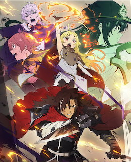 Anime characters in fantasy costumes with magical fire and light effects arranged in dynamic action poses