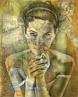 Sepia-toned mixed media portrait of woman with hands clasped, layered over vintage documents and architectural drawings