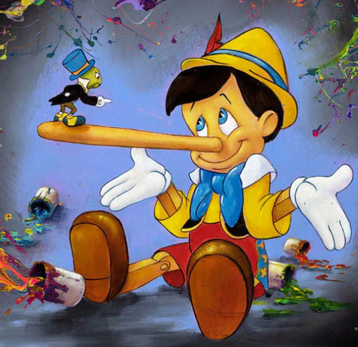 Cartoon Pinocchio sitting with a long nose while Jiminy Cricket stands on it