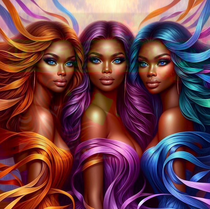 Three women with long flowing hair in orange, purple and teal colors against colorful swirling background