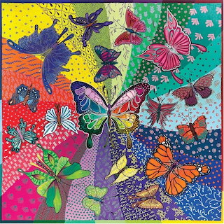 Colorful illustration of butterflies and moths over bright patterned background sections