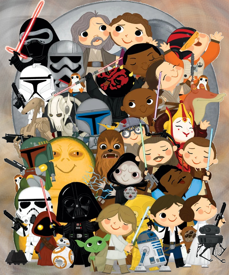 Cartoon collage of Star Wars characters, droids, helmets, and lightsabers