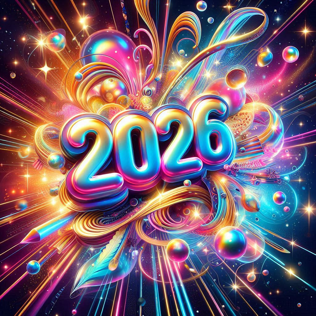 Colorful glowing 2026 numbers with abstract swirls, sparkles, and floating spheres
