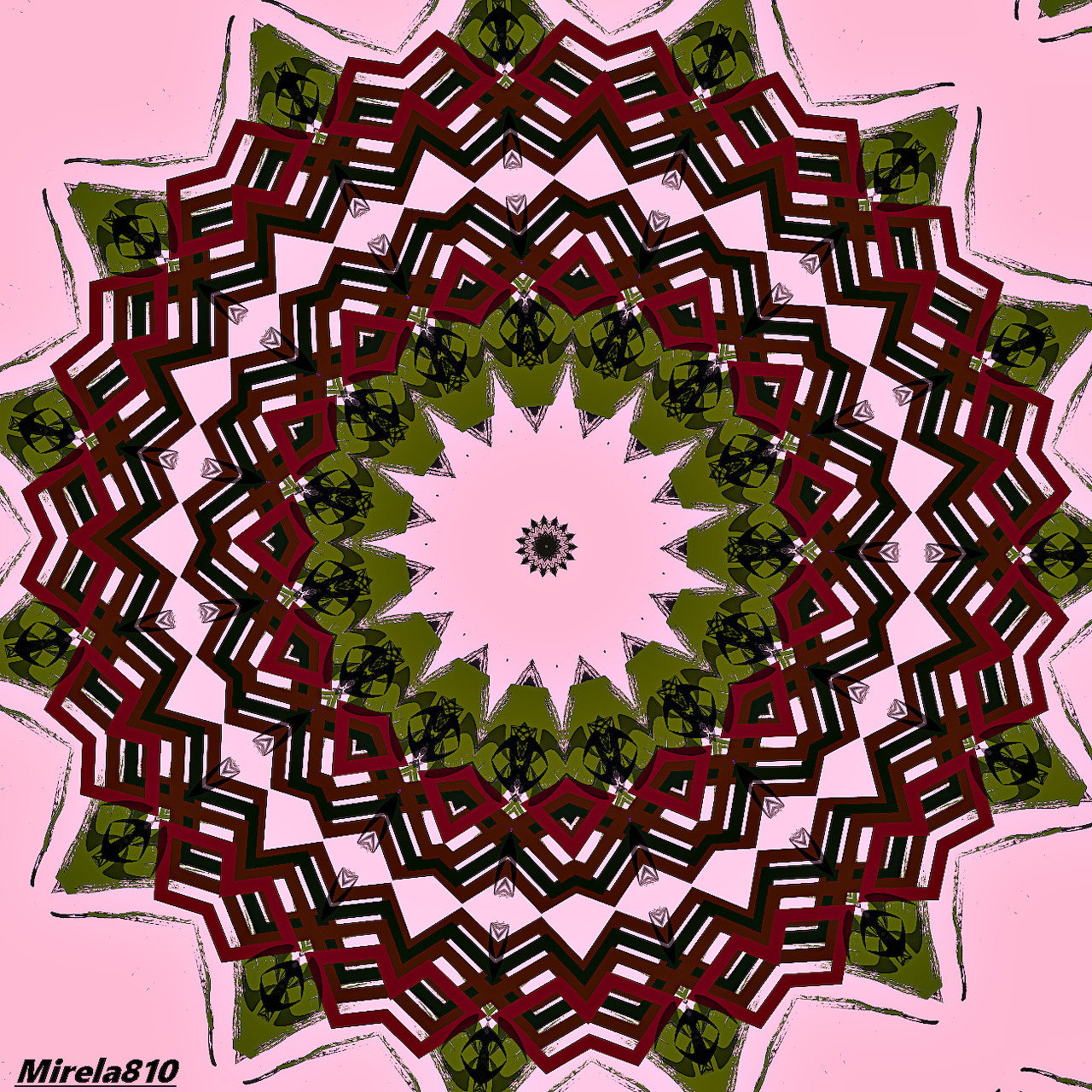 Circular mandala with pink center, geometric red and white patterns, and green leaves arranged symmetrically