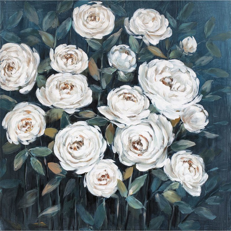 Painting of white roses with green leaves on a dark teal background