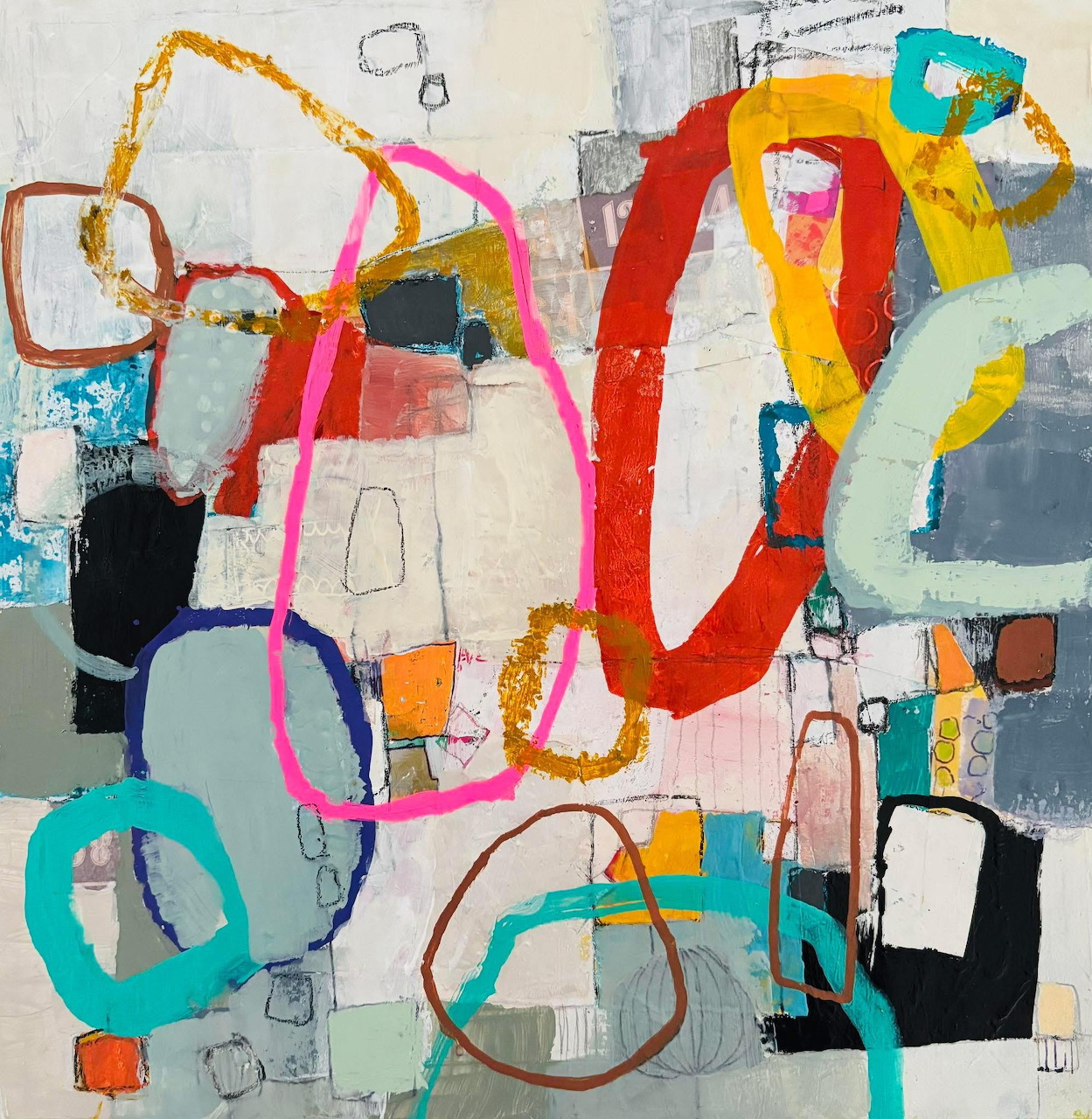 Abstract painting with colorful loops, brushstrokes, and layered geometric shapes