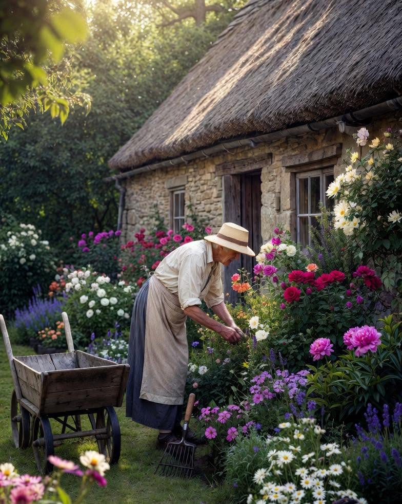 Woman in straw hat gardening among vibrant flowers beside thatched roof cottage