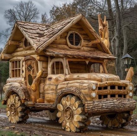 Rustic wooden truck shaped like a cottage parked outdoors near bare trees