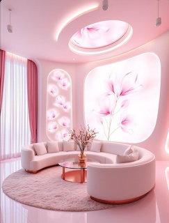Pastel pink futuristic living room with curved white sofas and glowing floral wall panels