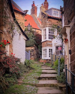 Narrow cobblestone lane between old cottages with red tile roofs, stone steps, and flowering plants in Robin Hoods Bay