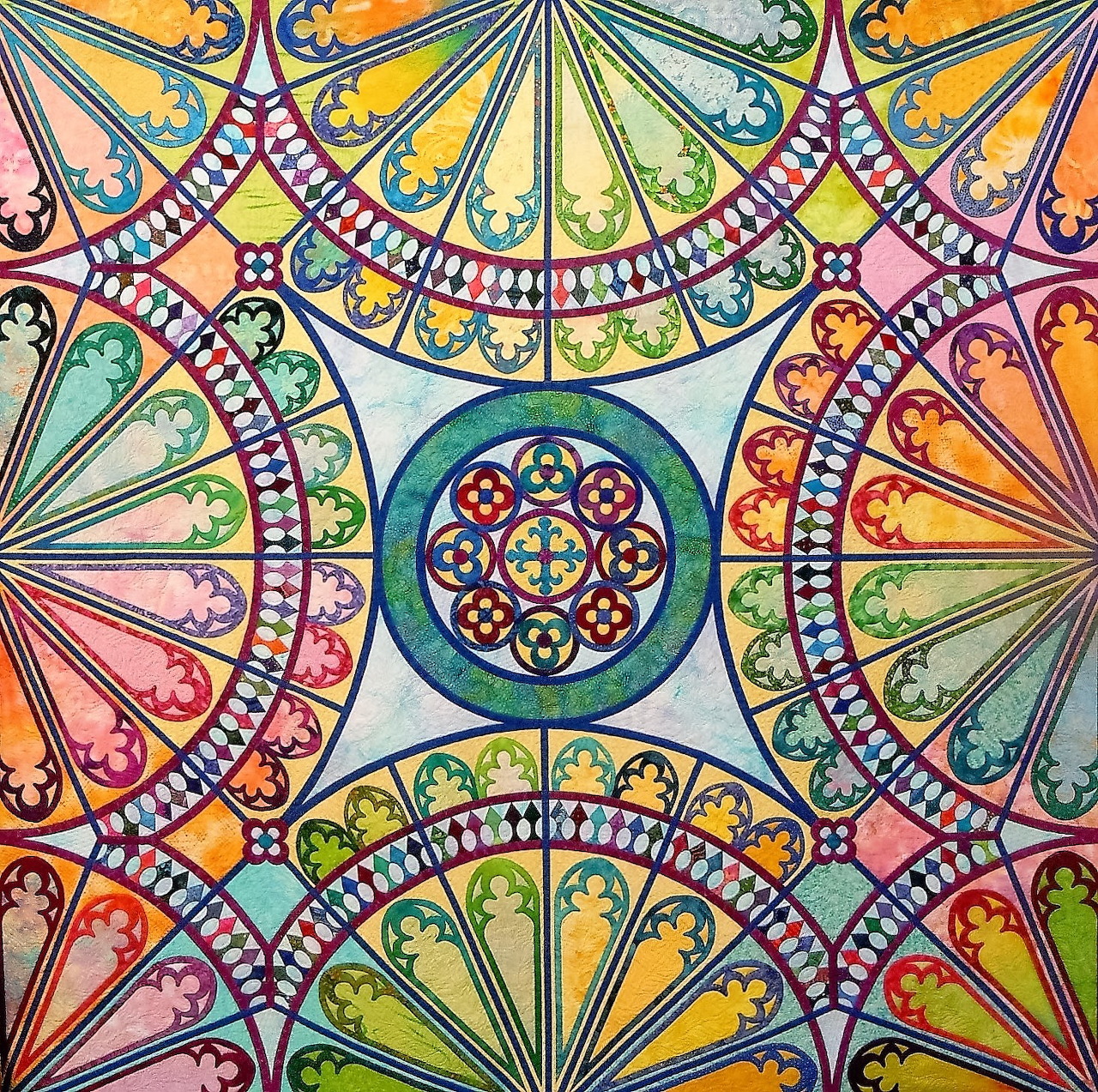 Colorful symmetrical mandala with radiating fan patterns and ornate geometric details in rainbow hues