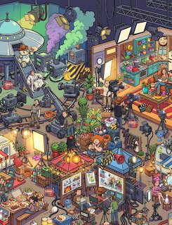 Busy cartoon factory with multiple floors showing robots, workers, and industrial equipment in vibrant colors