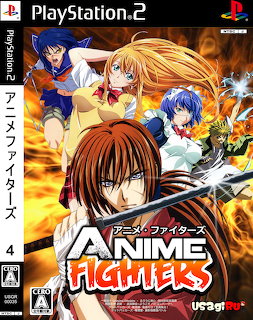 PlayStation 2 Anime Fighters video game cover art with multiple anime characters and fiery background
