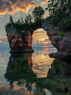 Natural rock arch at sunset on the Apostle Islands shoreline with calm reflective water