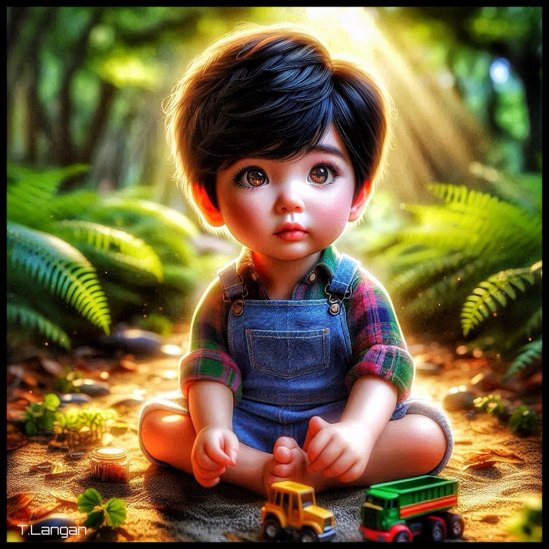 Stylized child sitting on a forest path with toy trucks and green ferns