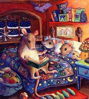 Illustration of mice family reading a book together on a bed in a cozy bedroom at night