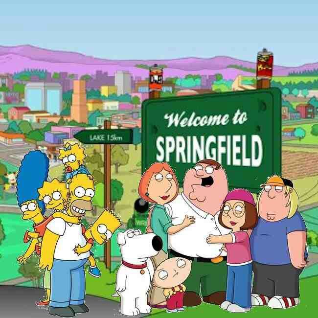 The Simpsons and Family Guy characters standing together in Springfield