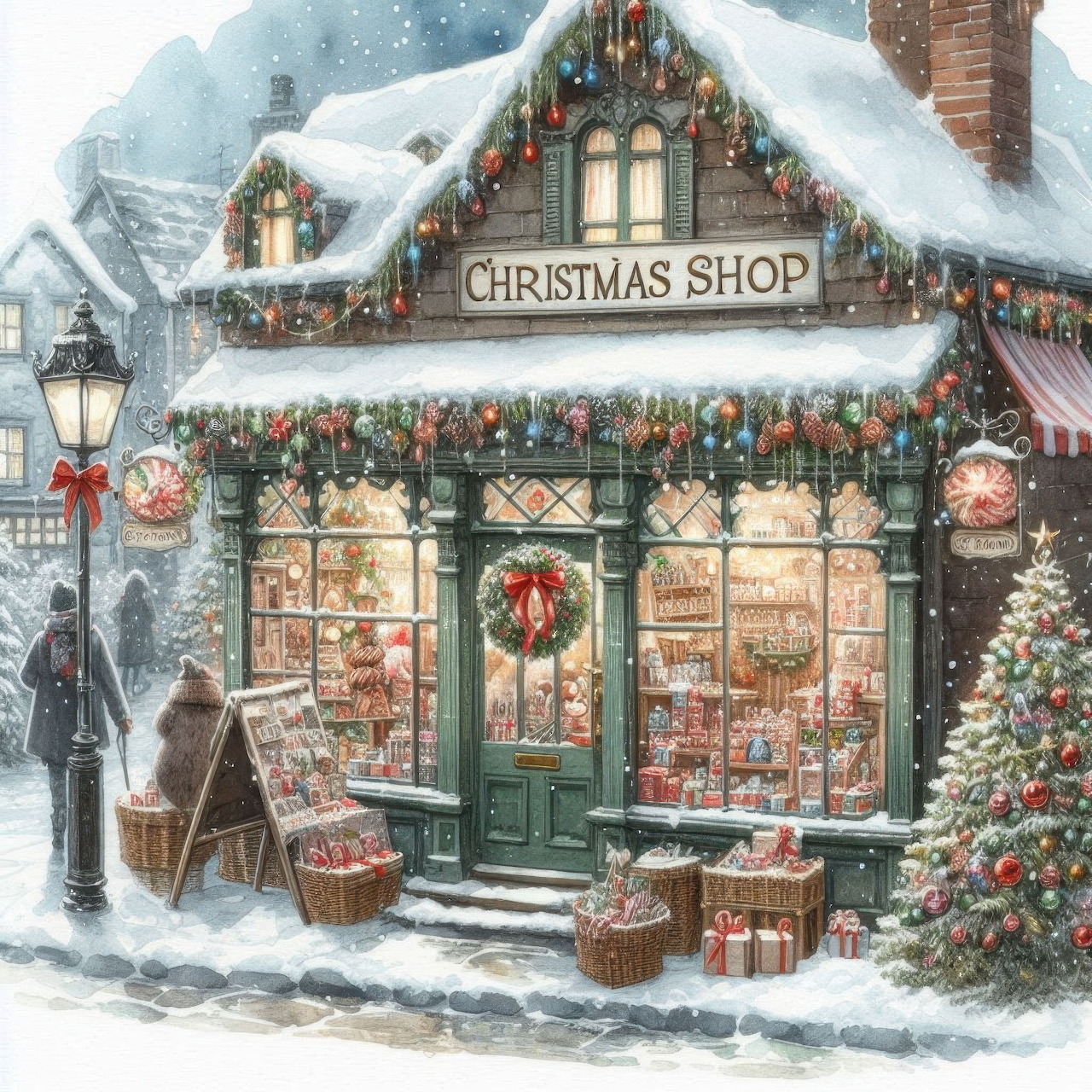 Snowy Christmas shop with festive decorations, wreaths, garlands, and illuminated windows displaying holiday merchandise