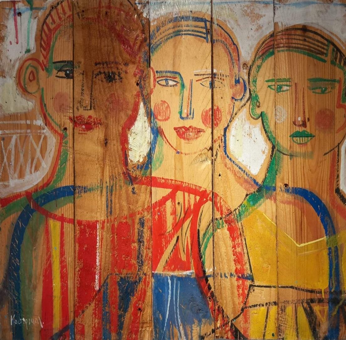 Colorful painting of three stylized figures with abstract faces and textured brushstrokes