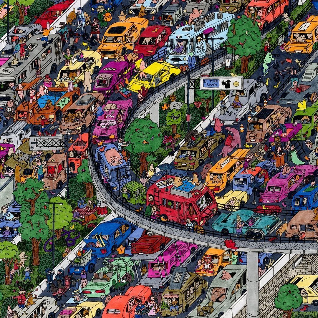 Overhead view of densely packed colorful cartoon vehicles in a massive traffic jam on curved roads