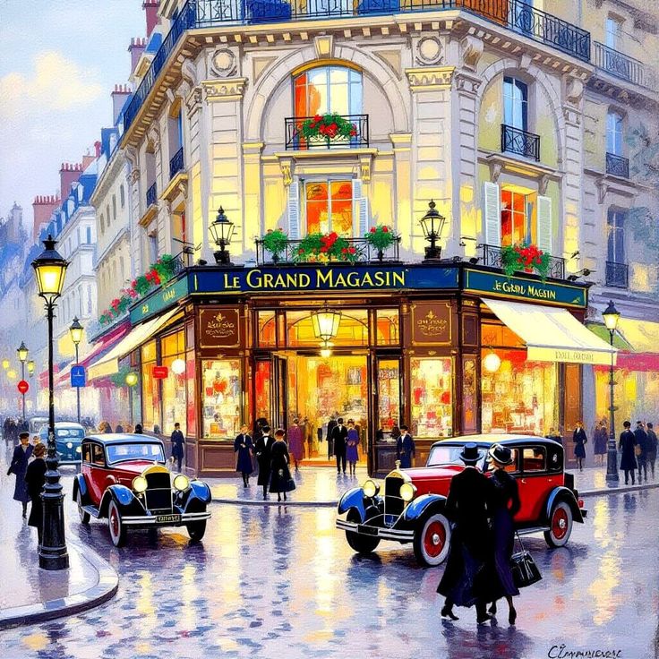 Painting of a Paris corner shop at dusk with vintage cars, pedestrians, and wet street reflections