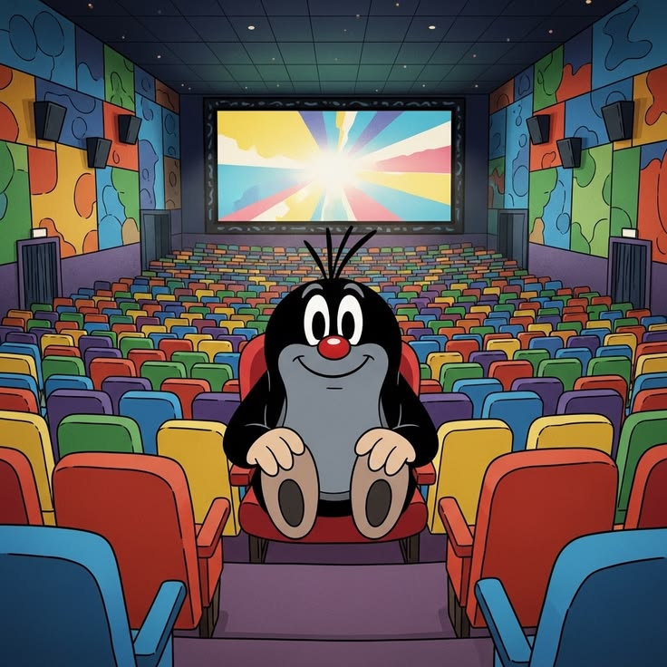 Smiling black cartoon mole with big eyes sitting in a movie theater with colorful seats and abstract screen