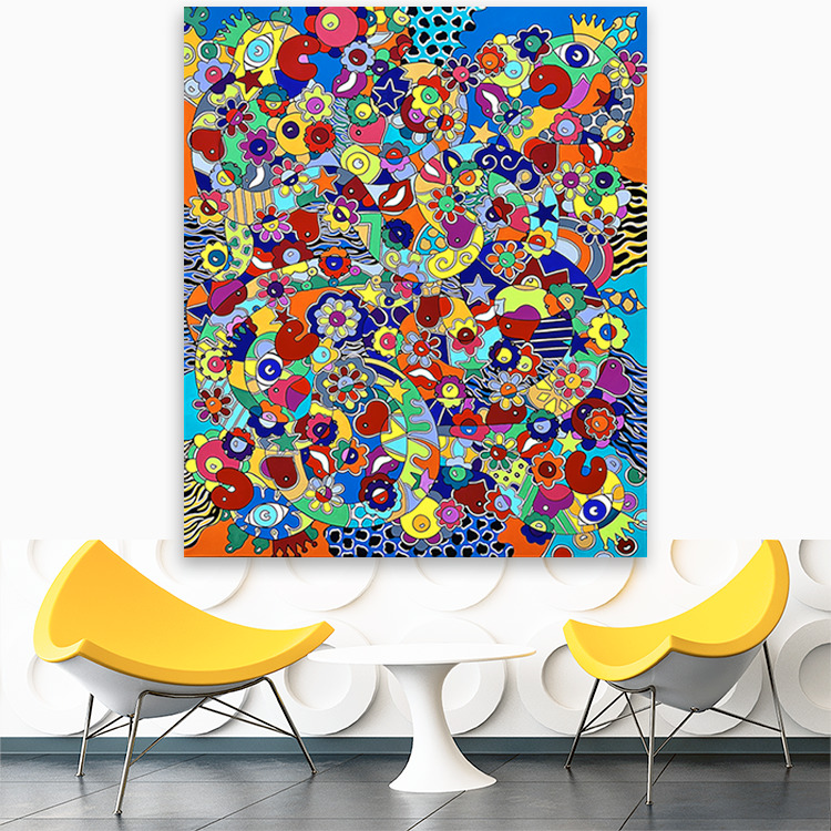 Modern room with yellow chairs and a large colorful abstract painting on the wall