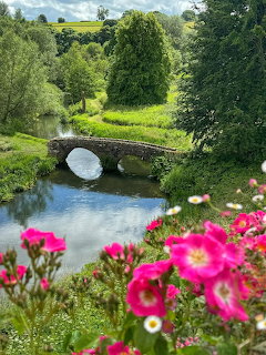 Stone bridge over stream with pink flowers and green rolling hills