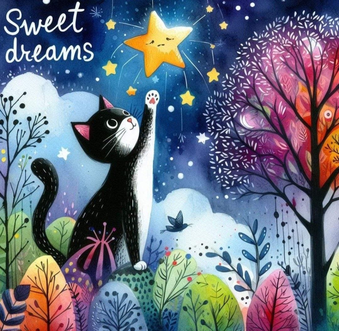 Whimsical black cat reaching for a glowing star in a colorful night garden